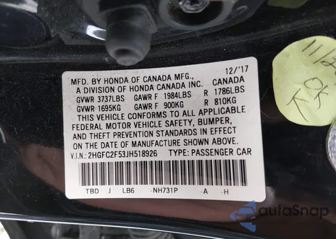 2018 Honda Civic Lx z USA, uszkodzony, nr VIN 2HGFC2F53JH518926